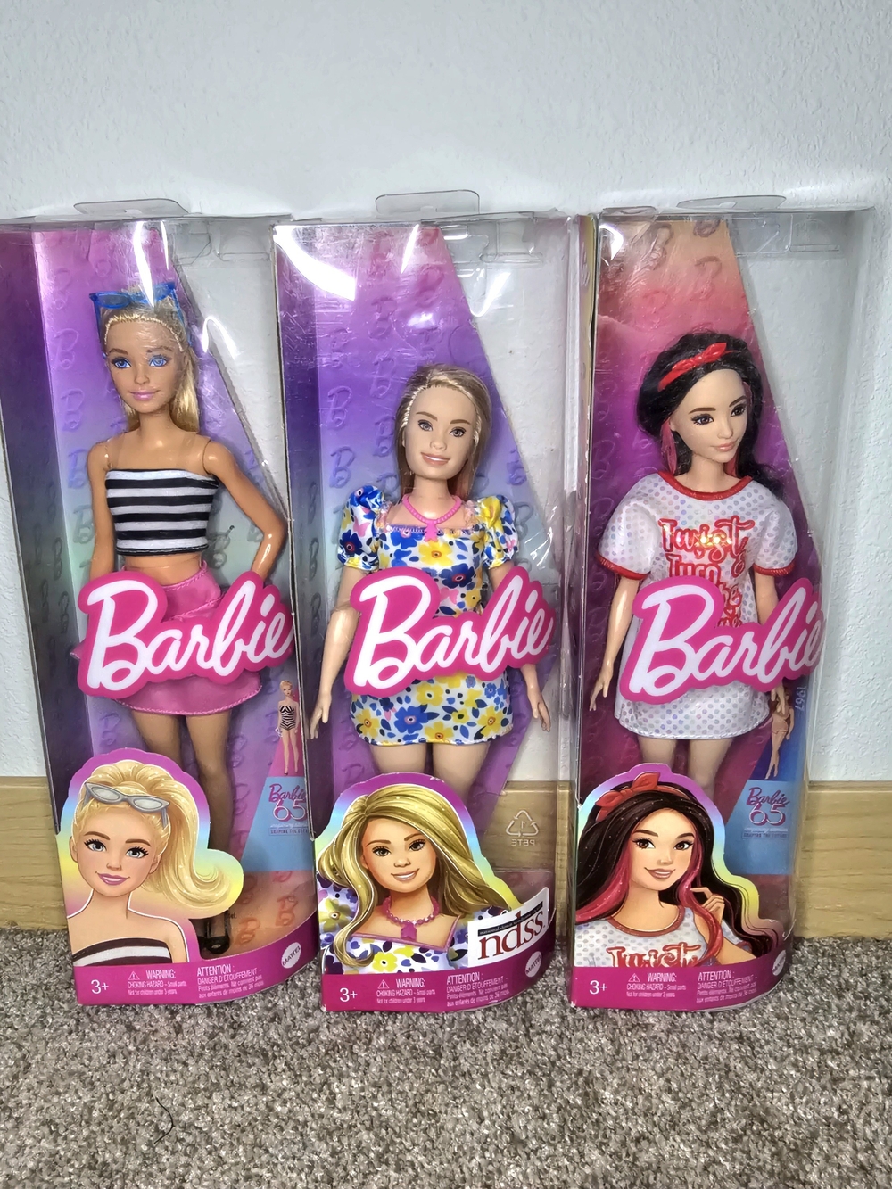 Barbie Dolls Trio - Pink, Floral, White Outfits